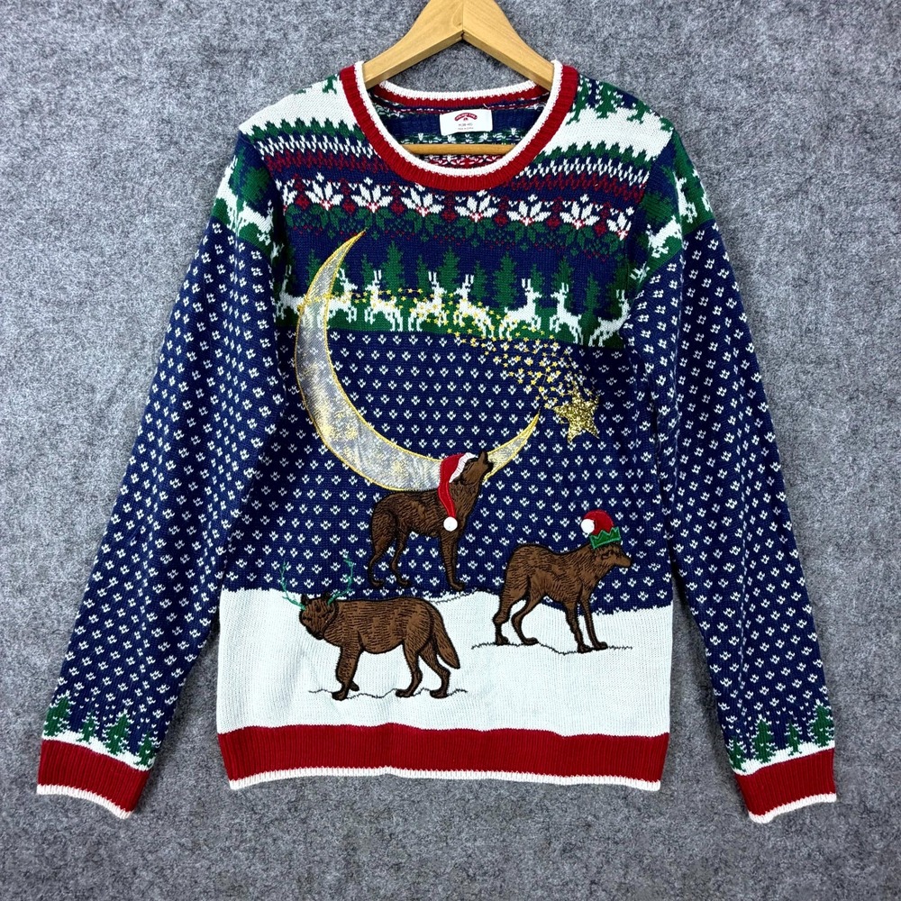 Holiday Time Ugly Christmas Sweater Medium Wolves Reindeer Fair Isle Moon Stars